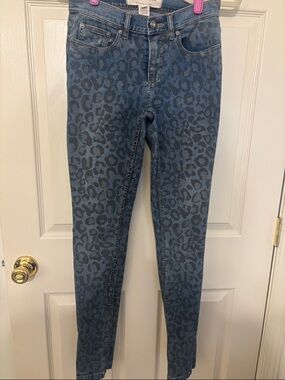 Leopard Print Mid-Rise Skinny Jeans - Blue